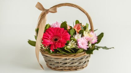 Pink seasonal flowers basket