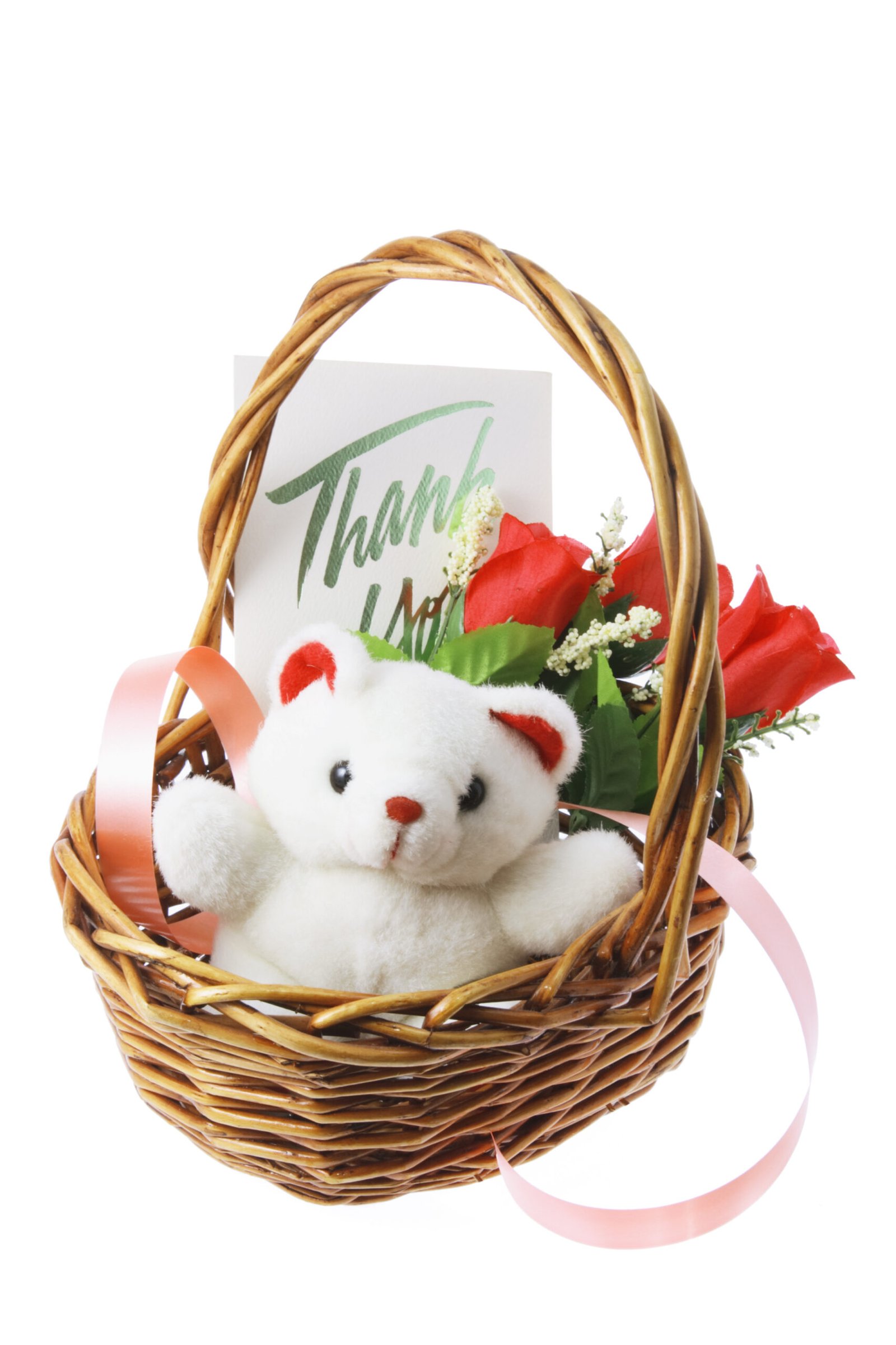 Red roses small basket with teddy bear