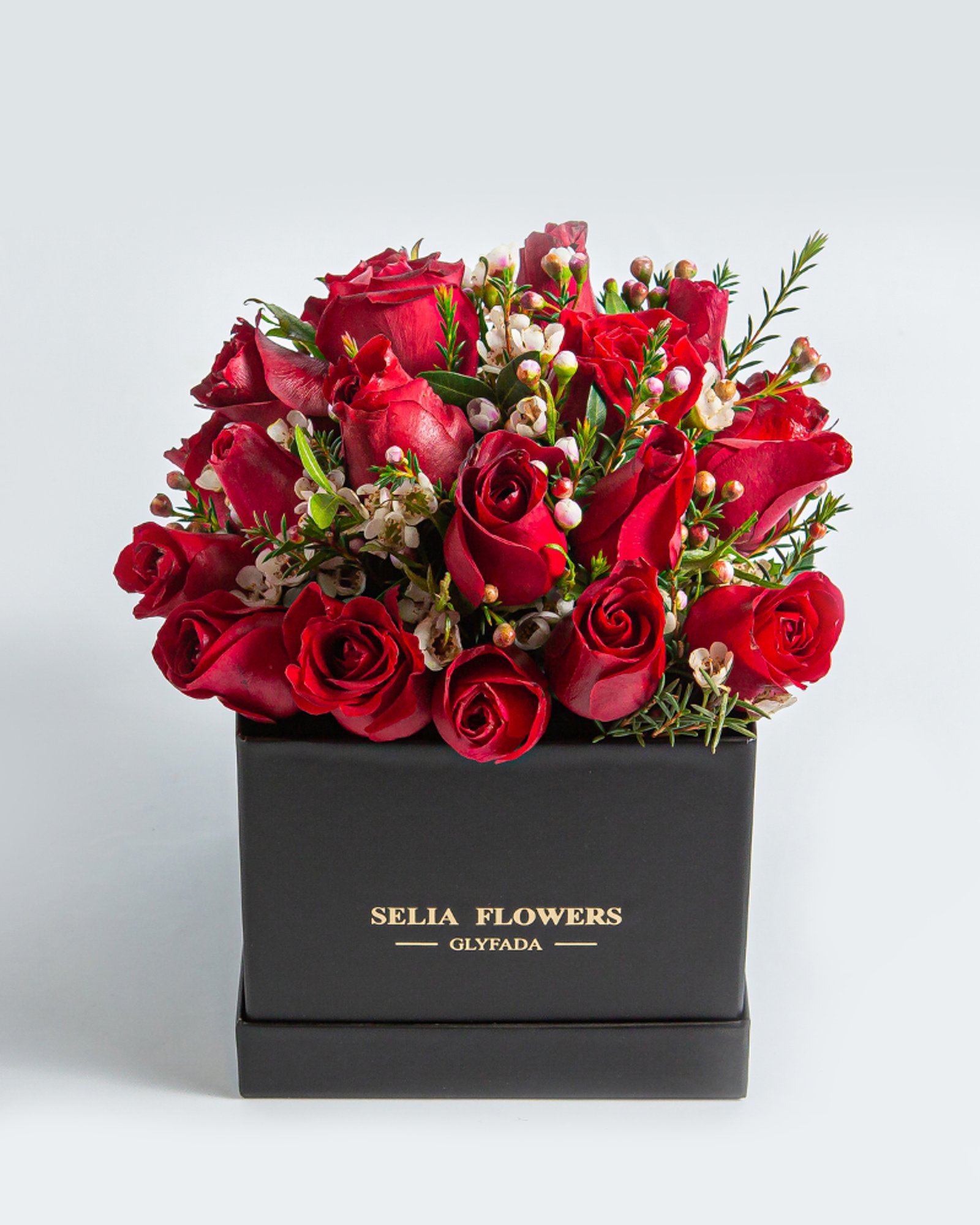 Box with Red Roses and Wax flower